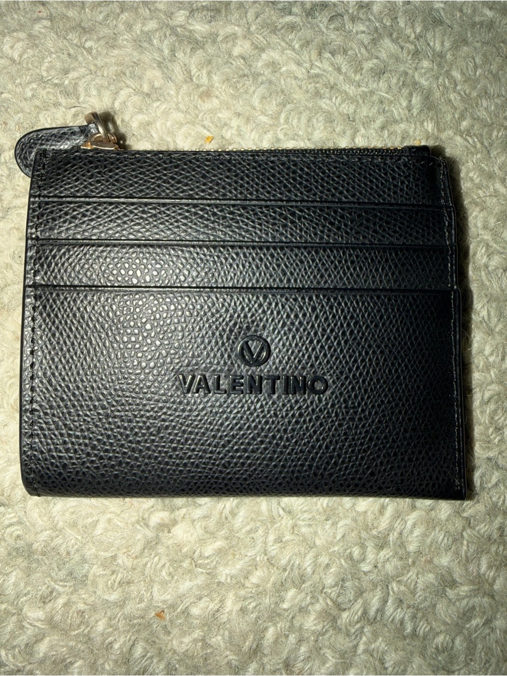 Valentino Black Textured Leather Card Holder with Zip Pocket